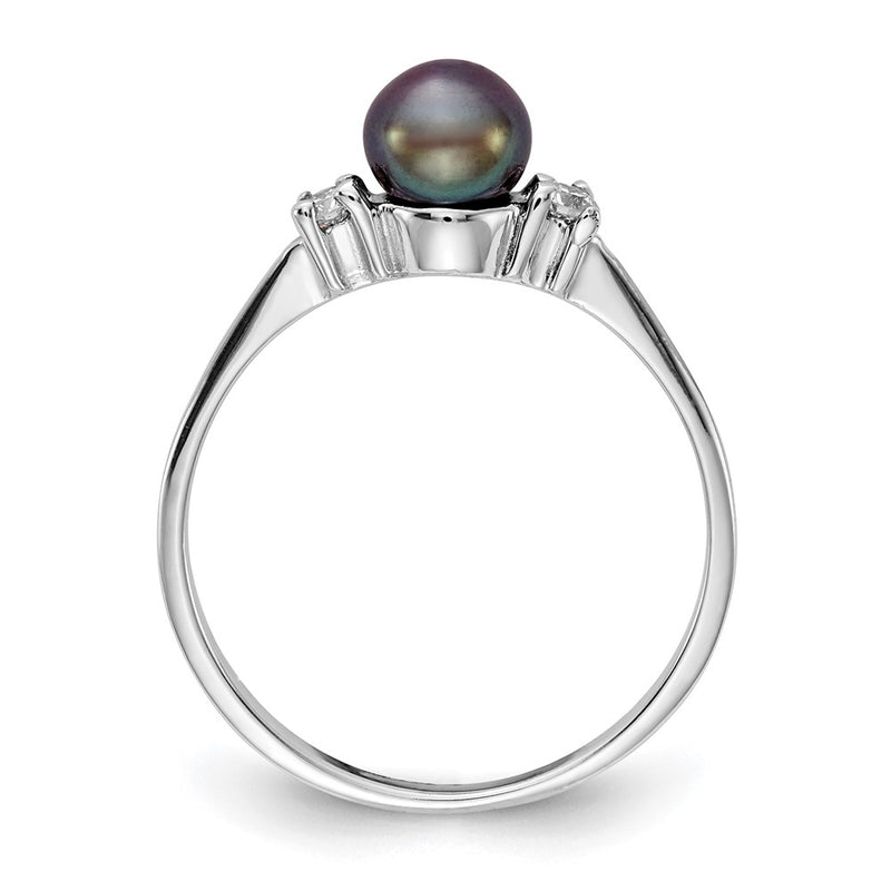 14K White Gold 5mm Black Fw Cultured Pearl A Diamond Ring