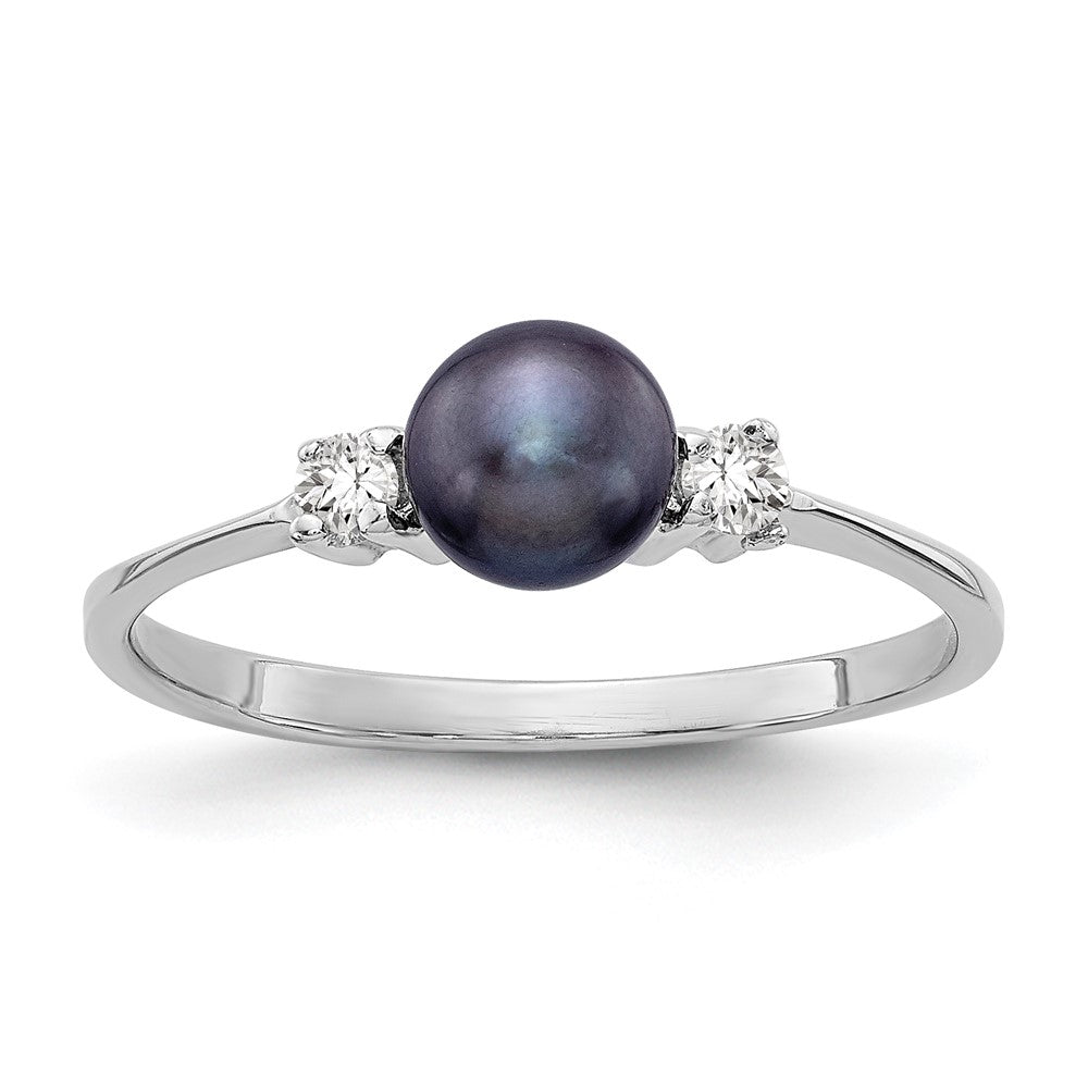 14K White Gold 5mm Black Fw Cultured Pearl A Diamond Ring