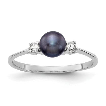 14K White Gold 5mm Black Fw Cultured Pearl A Diamond Ring