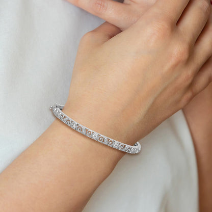 14K White Gold Swirl Design Complete 3/4 Carat Aa Diamond Hinged Oval Bangle Bracelet
