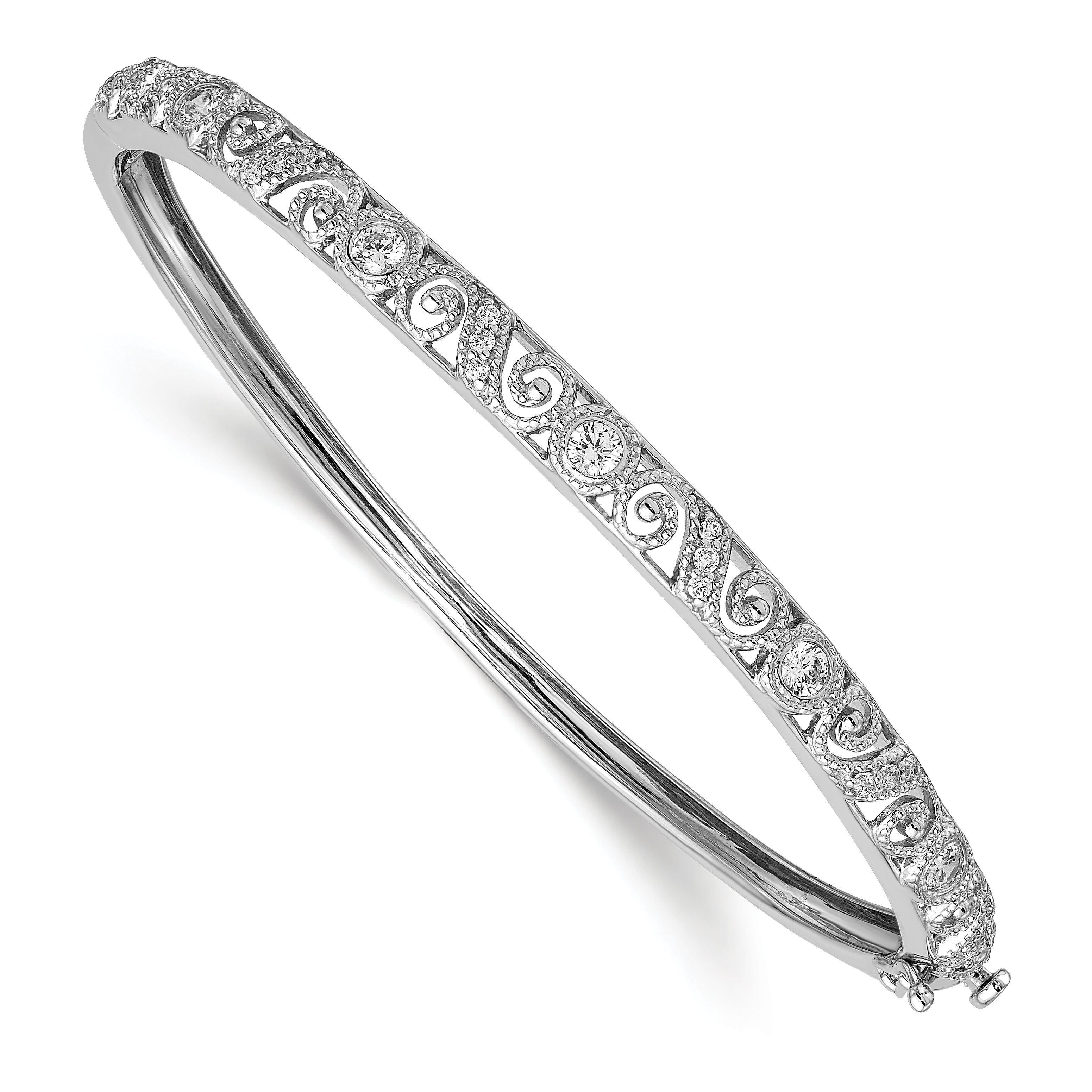 14K White Gold Swirl Design Complete 3/4 Carat Aa Diamond Hinged Oval Bangle Bracelet