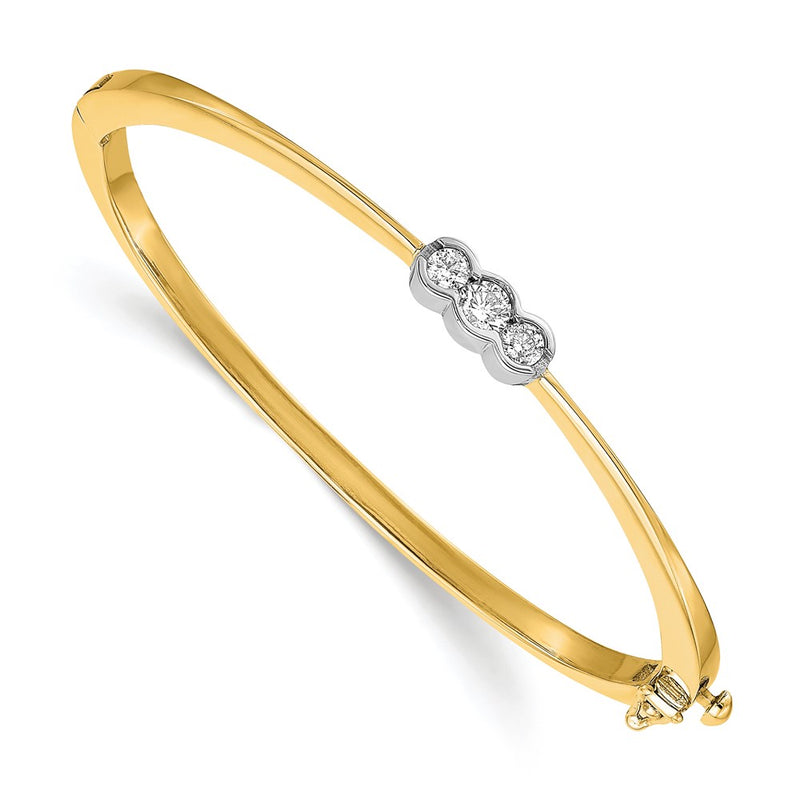 14K Two Tone Complete 3 Stone 1/2 Carat A Diamond Hinged Oval Bangle Bracelet