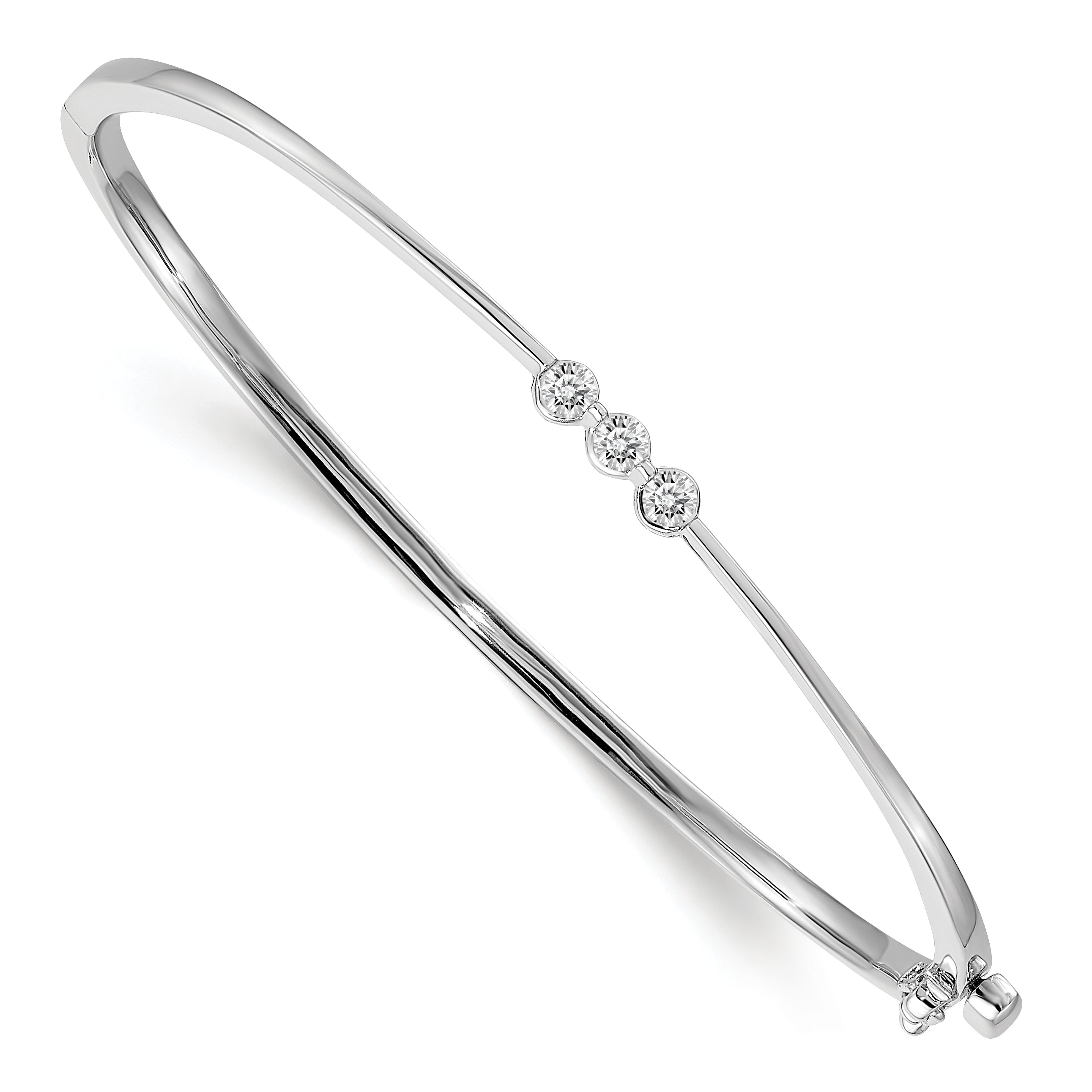 14K White Gold Complete 3 Stone 1/5 Carat Aa Diamond Hinged Oval Bangle Bracelet