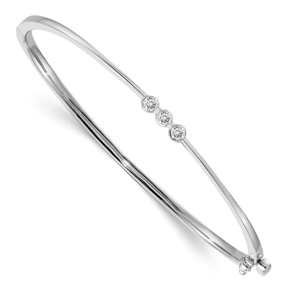 14K White Gold Complete 3 Stone 1/5 Carat Aa Diamond Hinged Oval Bangle Bracelet