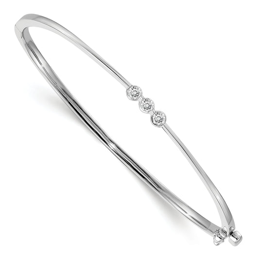 14K White Gold Complete 3 Stone 1/5 Carat Aa Diamond Hinged Oval Bangle Bracelet