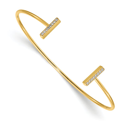 14K Yellow Gold Polished Complete 1/6 Carat A Diamond Bar Flexible Cuff Bangle Bracelet