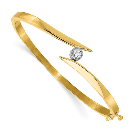 14K Two Tone Complete 1/4 Carat Aaa Diamond Hinged Oval Bangle Bracelet