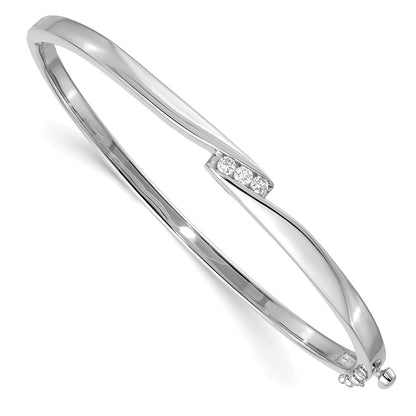 14K White Gold Complete 3 Stone 1/8 Carat Aa Diamond Hinged Oval Bangle Bracelet