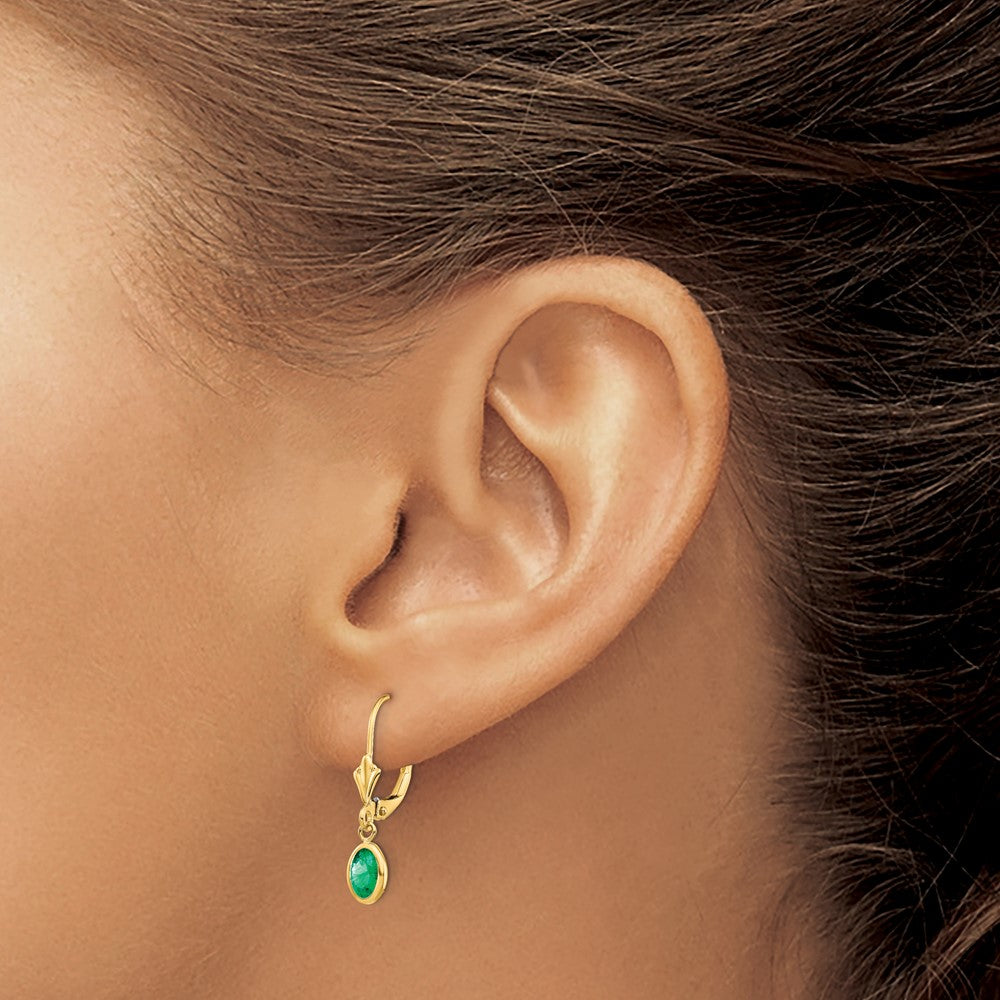 14K Yellow Gold 6X4 Oval Bezel May/Emerald Leverback Earrings
