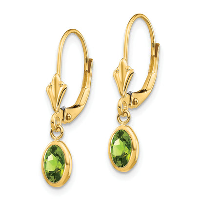 14K Yellow Gold 6X4 Oval Bezel August/Peridot Leverback Earrings