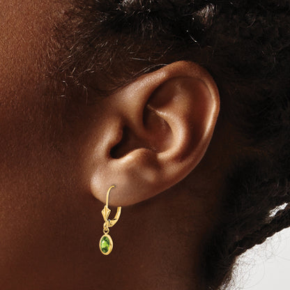 14K Yellow Gold 6X4 Oval Bezel August/Peridot Leverback Earrings