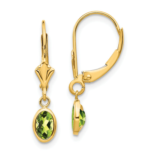 14K Yellow Gold 6X4 Oval Bezel August/Peridot Leverback Earrings