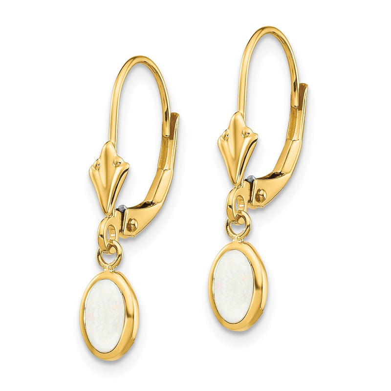 14K Yellow Gold 6X4 Oval Bezel October/Opal Leverback Earrings