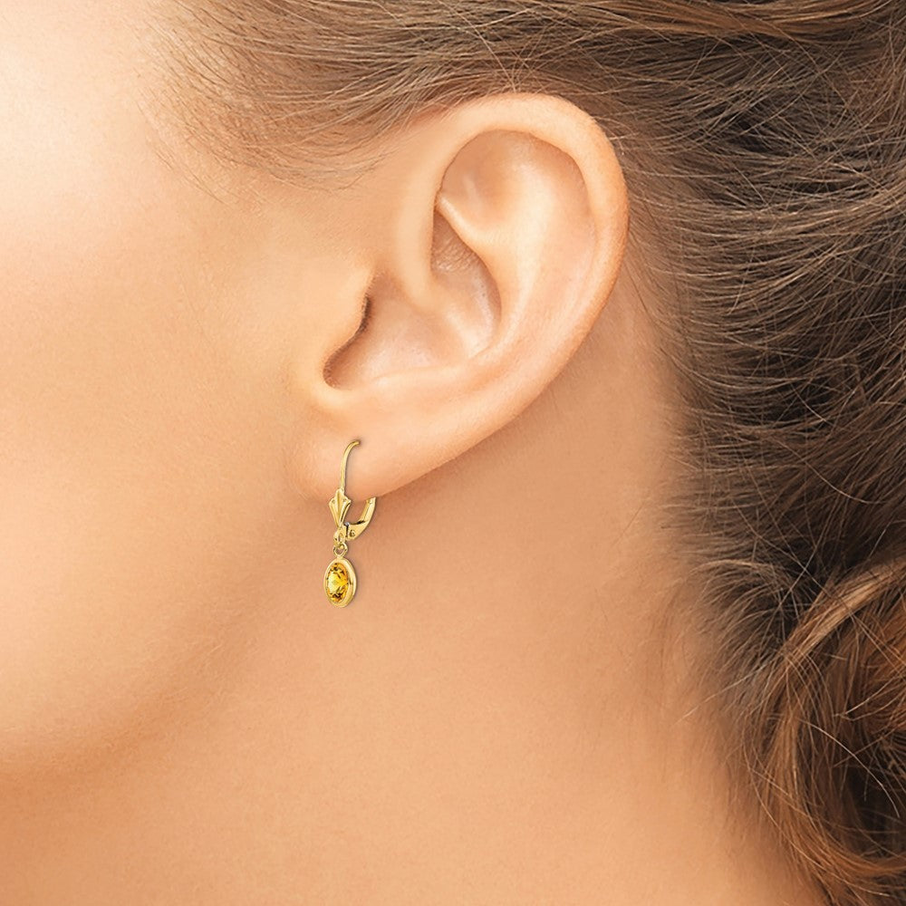 14K Yellow Gold 6X4 Oval Bezel November/Citrine Leverback Earrings