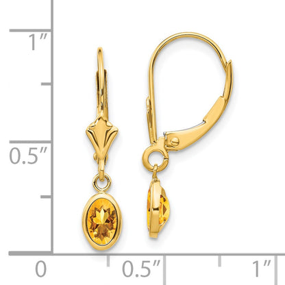 14K Yellow Gold 6X4 Oval Bezel November/Citrine Leverback Earrings