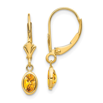 14K Yellow Gold 6X4 Oval Bezel November/Citrine Leverback Earrings