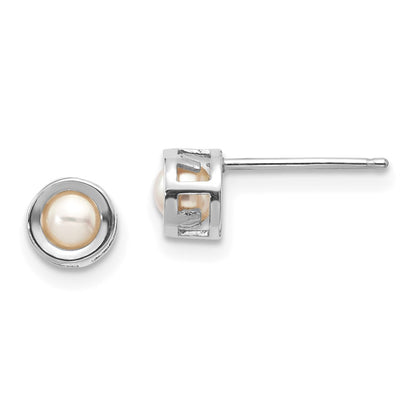 14K White Gold 4mm Bezel June/Fw Cultured Pearl Post Earrings