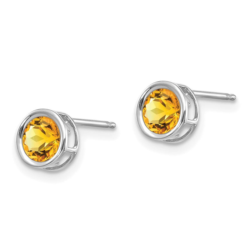 14K White Gold 5mm Bezel Citrine Stud Earrings