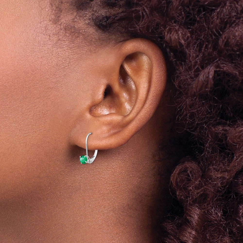 14K White Gold 4mm Round May/Emerald Leverback Earrings