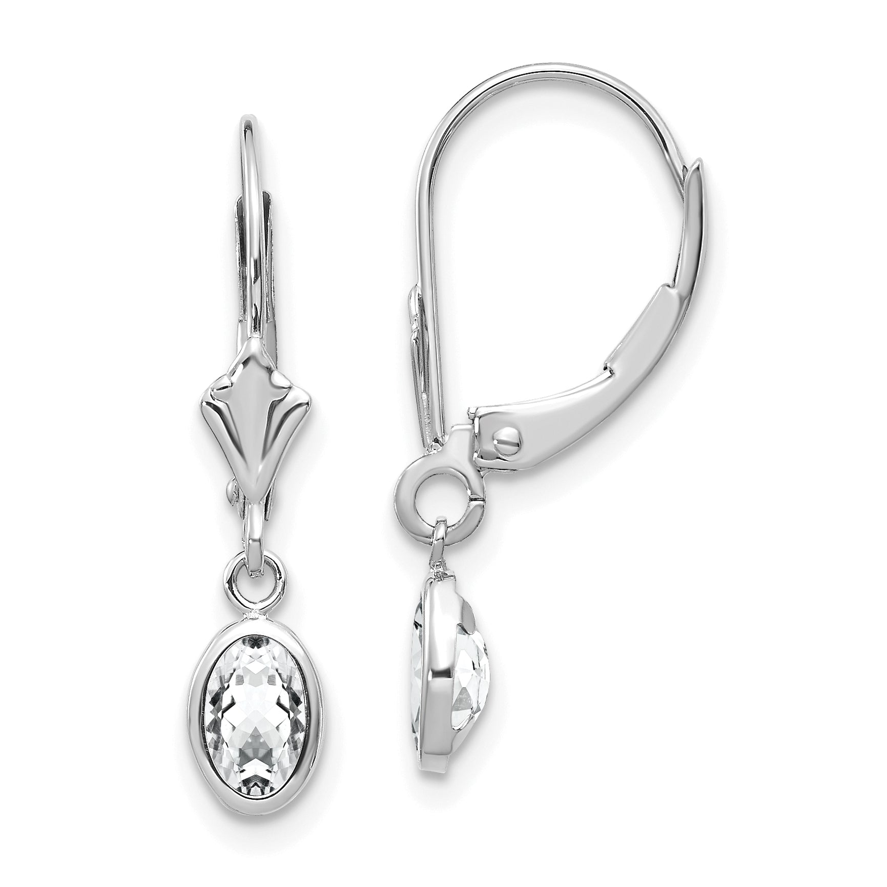 14K White Gold Wg 6X4 Oval Bezel April/White Topaz Leverback Earrings
