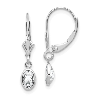 14K White Gold Wg 6X4 Oval Bezel April/White Topaz Leverback Earrings