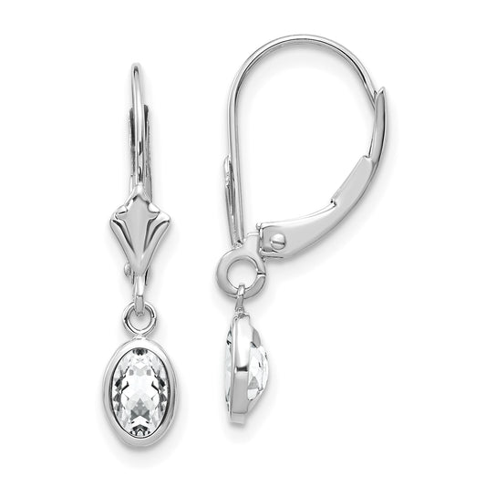 14K White Gold Wg 6X4 Oval Bezel April/White Topaz Leverback Earrings