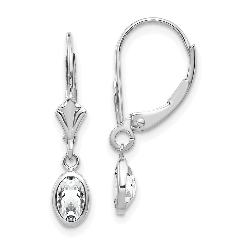 14K White Gold Wg 6X4 Oval Bezel April/White Topaz Leverback Earrings