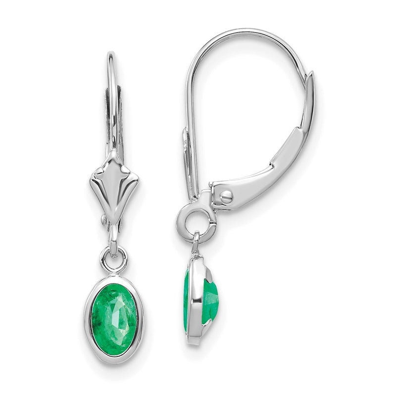 14K White Gold 6X4 Oval Bezel May/Emerald Leverback Earrings