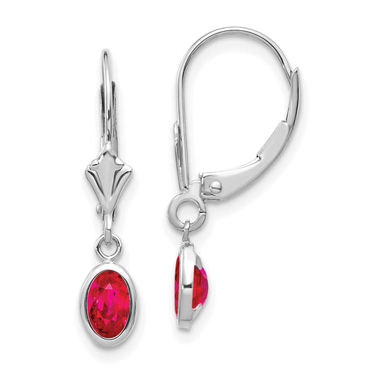 14K White Gold 6X4 Oval Bezel July/Ruby Leverback Earrings
