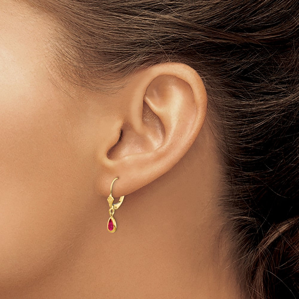 14K Yellow Gold 6X4mm Ruby/July Leverback Earrings