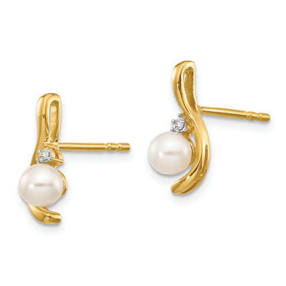 14K Yellow Gold Fw Cultured Pearl And Diamond Post Earrings