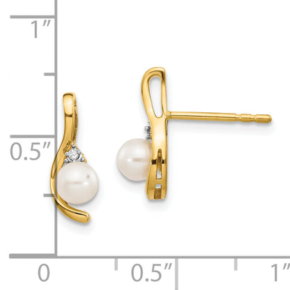 14K Yellow Gold Fw Cultured Pearl And Diamond Post Earrings