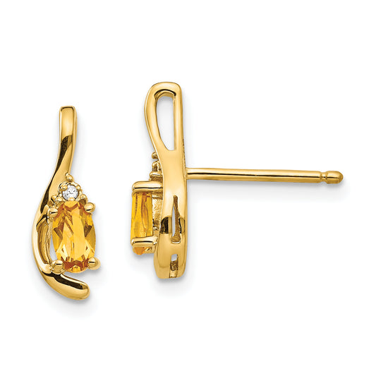 14K Yellow Gold Citrine And Diamond Post Earrings