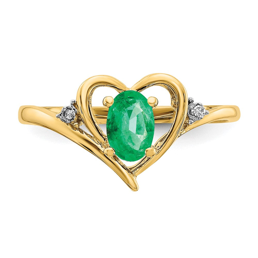 14K Yellow Gold Emerald and Real Diamond Heart Ring