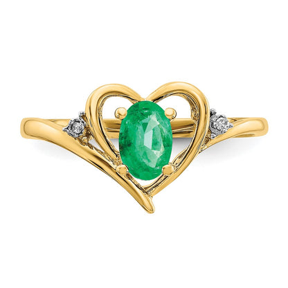 14K Yellow Gold Emerald and Real Diamond Heart Ring