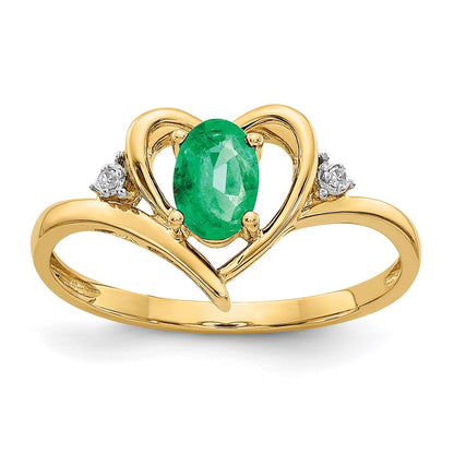 14K Yellow Gold Emerald and Real Diamond Heart Ring