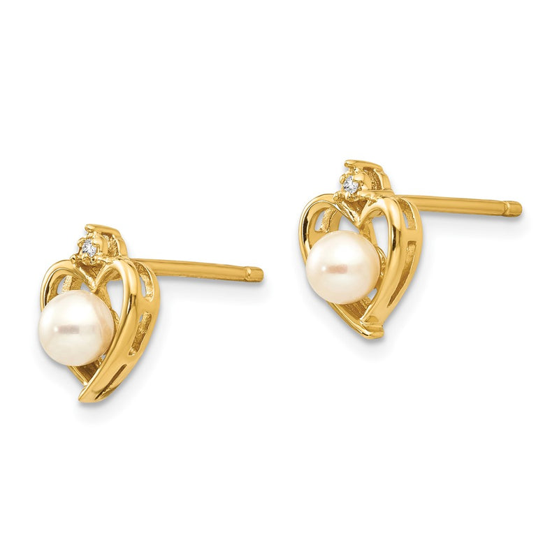 14K Yellow Gold Fw Cultured Pearl And Diamond Heart Earrings