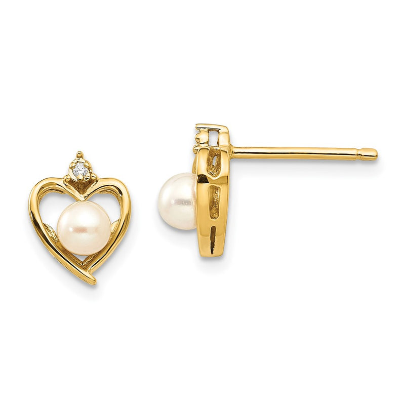 14K Yellow Gold Fw Cultured Pearl And Diamond Heart Earrings