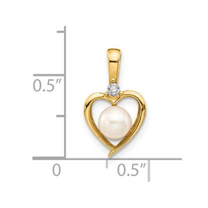14K Yellow Gold Fw Cultured Pearl And Diamond Heart Pendant