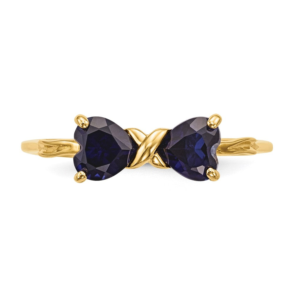 Solid 14k Yellow Gold Polished Created Simulated Sapphire Bow Ring