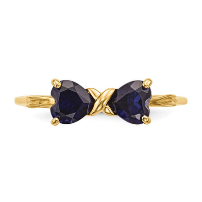 Solid 14k Yellow Gold Polished Created Simulated Sapphire Bow Ring
