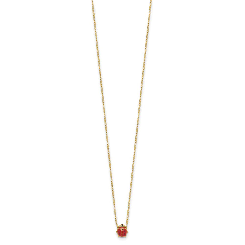14K Yellow Gold Polished Red And Black Enameled Ladybug 17 Inch Necklace Plus 1 Extender