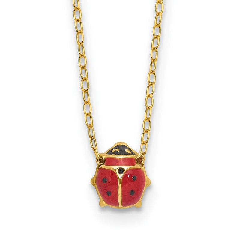 14K Yellow Gold Polished Red And Black Enameled Ladybug 17 Inch Necklace Plus 1 Extender