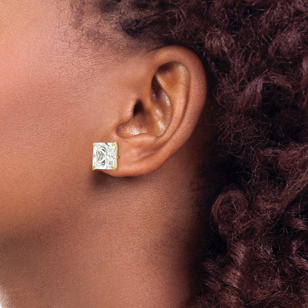 14K Yellow Gold 10mm Square Cz Post Earrings