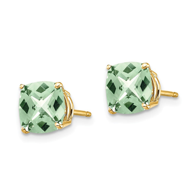 14k Yellow Gold 7mm Cushion Checker-Cut Green Quartz Earring