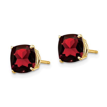 Solid 14k Yellow Gold 7x7mm Cushion Simulated Garnet ChecKer Earring