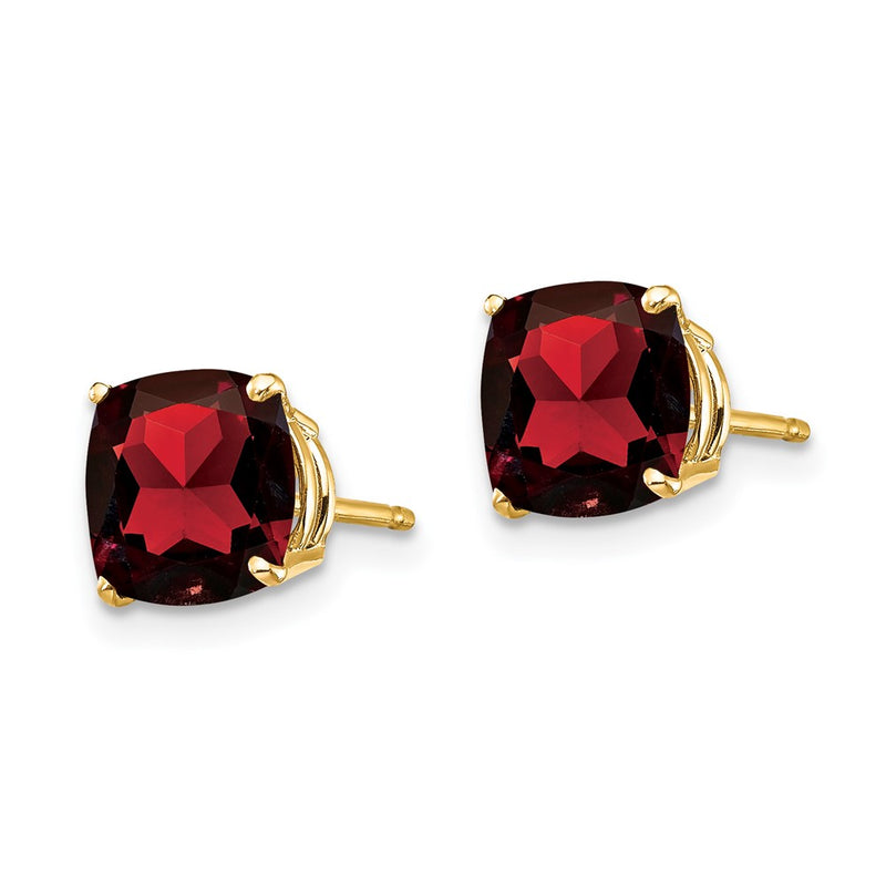 Solid 14k Yellow Gold 7x7mm Cushion Simulated Garnet ChecKer Earring