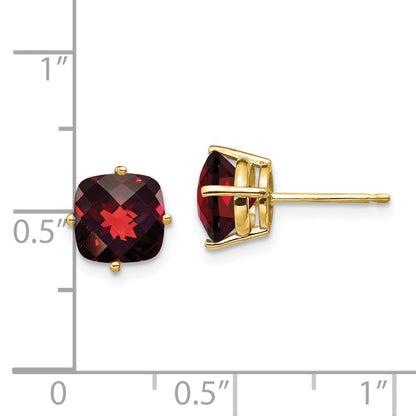 Solid 14k Yellow Gold 7x7mm Cushion Simulated Garnet ChecKer Earring