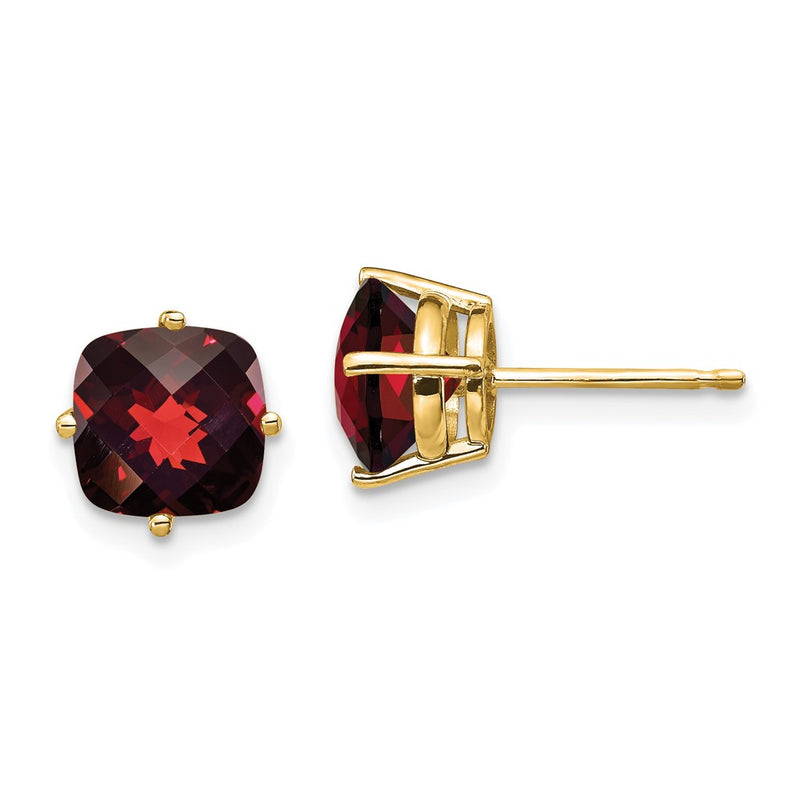 Solid 14k Yellow Gold 7x7mm Cushion Simulated Garnet ChecKer Earring