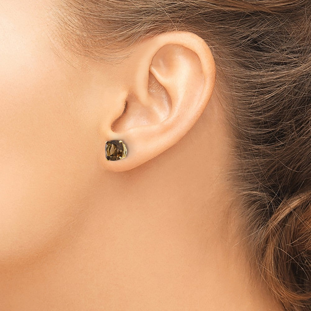 14k Yellow Gold 7mm Cushion Smok Yellow Gold Quartz Earring